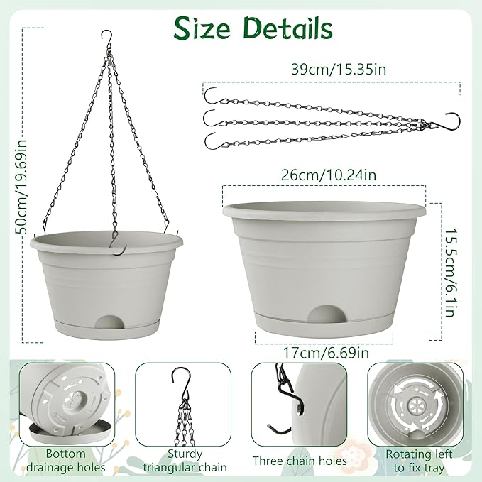 Nooulap 4 Pack Hanging Planters Outdoor, 10 Inch Hanging Plant Pot, Grey | Hanging Baskets for Plants, Outdoor Indoor Use, Place & Hanging Flowers Pots, with 40cm Chains, Home Garden Porch Decor