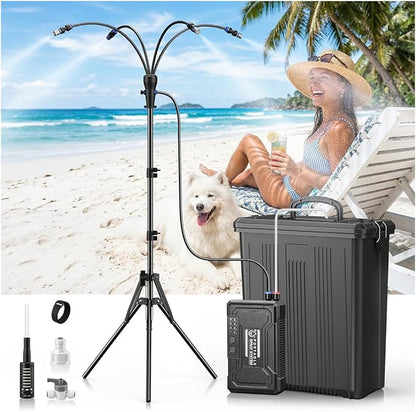 Portable 4 Gallon Misting System with 15000mAh Rechargeable Pump, Stand, 33FT Hose – Powerful Outdoor Water Bucket Misters for Outside Patio Cooling, Backyard, Canopy, Sports, Greenhouse, Camping
