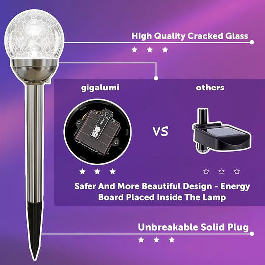 GIGALUMI Solar Outdoor, Cracked Glass Ball Solar Garden Lights, Color Changing Lights Outdoor,Garden LED for Path, Patio, Yard, 6 Pack Pathway | Cracked Glass Ball Outdoor Lights Solar Powered, Colored Solar Lights Outdoor Decorative Waterproof