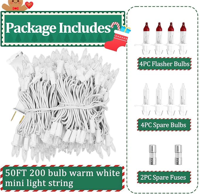 Warm White Christmas Lights Outdoor, 50FT 200 Count Incandescent Mini Christmas Lights White Wire, Waterproof Fairy Lights, Connectable Xmas String Lights for Christmas Tree, Garland, Wedding Decor