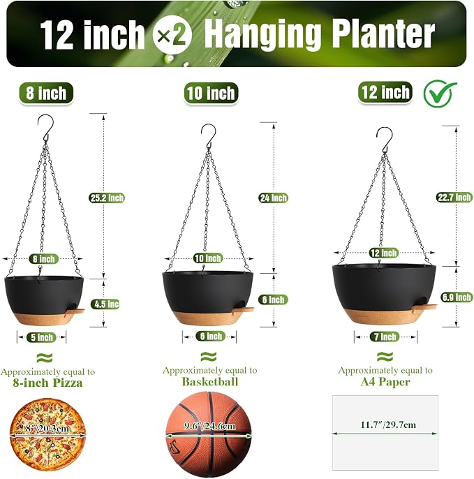 12 Inch Large Self Watering Hanging Planters 2 Pack with Saucers | Set of 2 12-inch self-watering hanging planters with extra soil capacity, side-fill ports, chain hangers & snap-on saucers