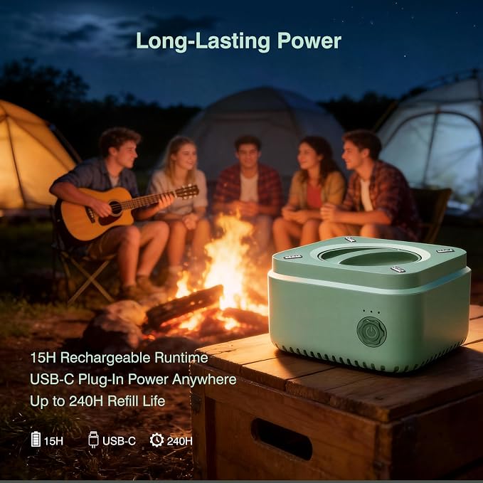 Long-Lasting Indoor/Outdoor Mosquito Repeller, Up to 240-Hour Refill, 15-Hour Rechargeable Battery, USB-C Powered for Continuous Use, Mosquito-Repelling Plant-Based Essential Oil Refill
