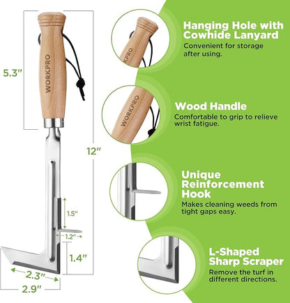 WORKPRO Crack Weeder, 12" Stainless Steel Crevice Weeding Tool Weeder Tool | Beech Wood Handle, L-Shaped Side-Walk Weed Puller Spatula, for Garden Lawn Yard Patio Terrace Paving Moss