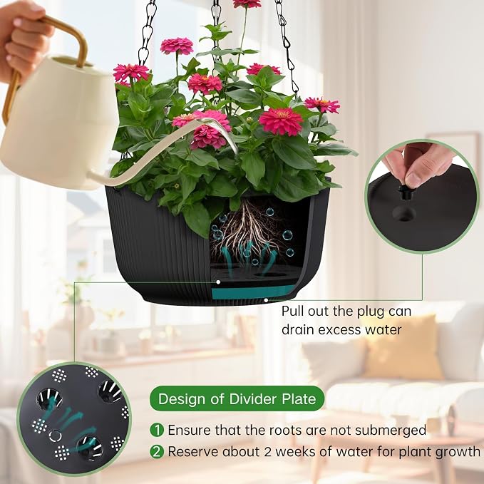 8 Inch Hanging Pots for Indoor Outdoor Plants Set of 2 | Self-Watering Hanging Planters with Internal Saucers, Drainage Holes & Plugs (Hooks)
