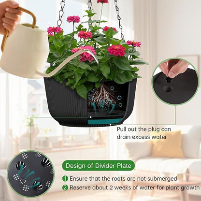 8 Inch Hanging Pots for Indoor Outdoor Plants Set of 2 | Self-Watering Hanging Planters with Internal Saucers, Drainage Holes & Plugs (Hooks)