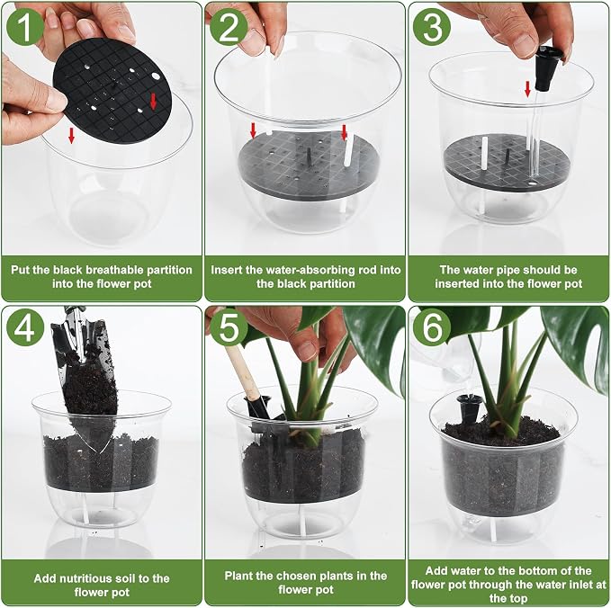Self Watering Pots Set, 5 Pack 5 Inch Self Watering Pots for Indoor Plants, Clear Planter Pot with Deep Reservoir for Spider Plant, Orchid, African Violet (5Pcs Large)