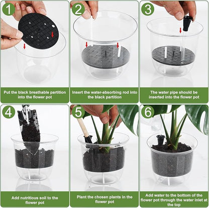 Self Watering Pots Set, 5 Pack 5 Inch Self Watering Pots for Indoor Plants, Clear Planter Pot with Deep Reservoir for Spider Plant, Orchid, African Violet (5Pcs Large)