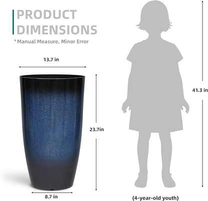 23.75" Cobalt Blue Plastic Tall Outdoor Planters with Drainage Holes | Set of 2 PP tall planters with cobalt gradient finish, drainage plugs, and UV-treated surface for porch, patio, or indoors