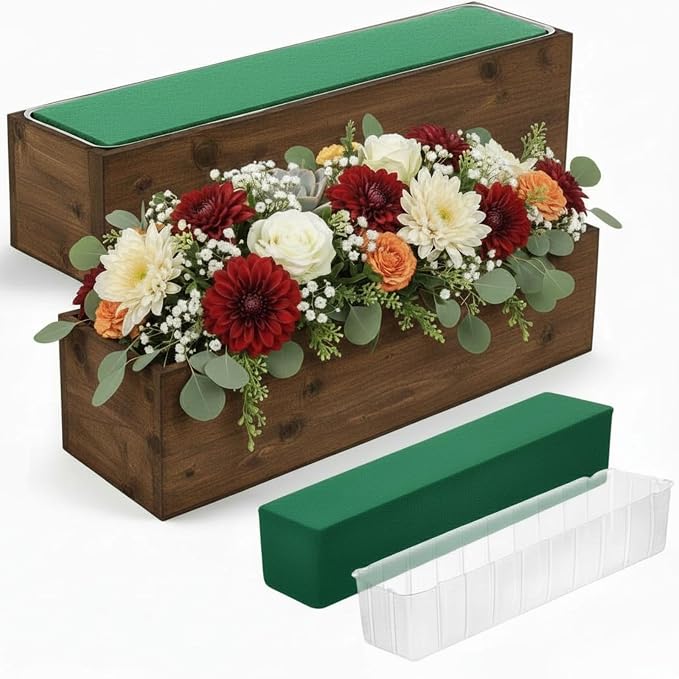 Dandat 2 Set Wood Boxes for Centerpieces 16x4 Inch Rectangle Wooden Planter Box Rustic Wooden Planters with Removable Plastic Liner Floral Foam Blocks for Christmas Wedding Home Garden Decor(Brown)
