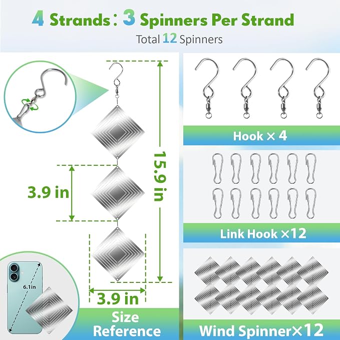 Bird Deterrents for Outside, 12 Discs Stainless Steel 3D Wind Spinners Garden Decor, 4 Sets Reflective Bird Scare Devices to Keep Woodpeckers, Pigeons Away from Patio, Balcony, Porch, Deck