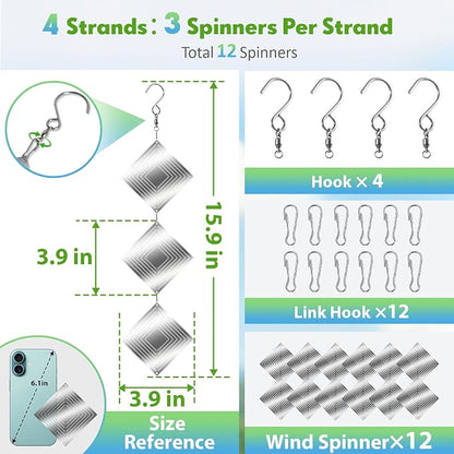Bird Deterrents for Outside, 12 Discs Stainless Steel 3D Wind Spinners Garden Decor, 4 Sets Reflective Bird Scare Devices to Keep Woodpeckers, Pigeons Away from Patio, Balcony, Porch, Deck