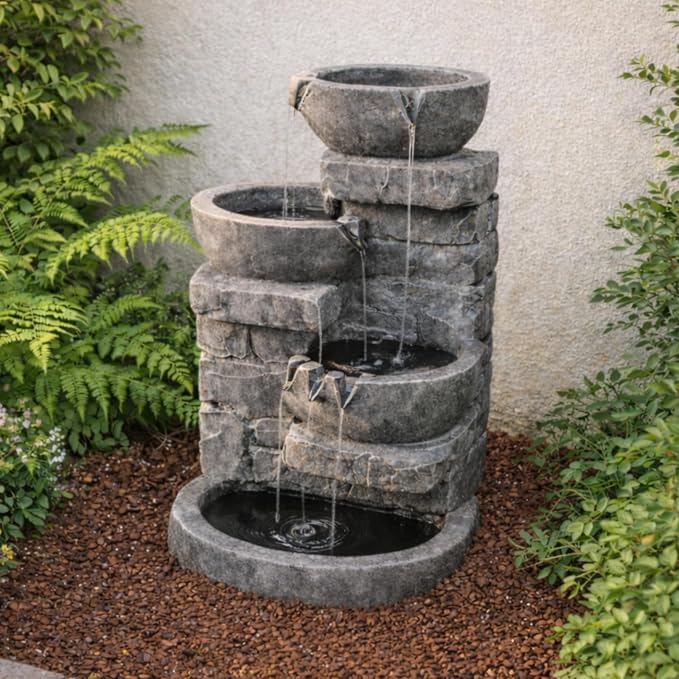 Teamson Home 33" Outdoor Water Fountain with LED Lights | 3-Tier Cascading Bowls, Weather-Resistant Resin, Garden Water Feature, Stone Gray