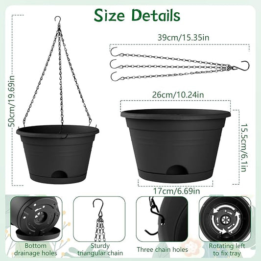 Nooulap 4 Pack Hanging Planters, 10 Inch Plant Pots with Hanger Chain & Drainage Trays, Hanging Baskets for Plants Outdoor Indoor, Flowers Pots for Home, Garden, Porch Decor (2 Grey + 2 Black)