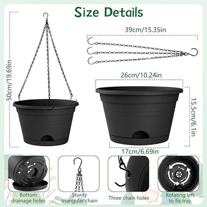 Nooulap 6 Pack Hanging Planters, 10 Inch Hanging Pots, Black | Plastic Hanging Plant Pot, Outdoor Indoor Use, with 40cm Chains and Drainage Trays, Hanging & Place Flower Pots