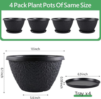 Nooulap 4 Pack 10 inch Plant Pots for Outdoor Indoor, Durable Flower Pots with Drainage, Indoor Outdoor Planters for Herbs Flowers Small Trees (Black Pebbles Design)