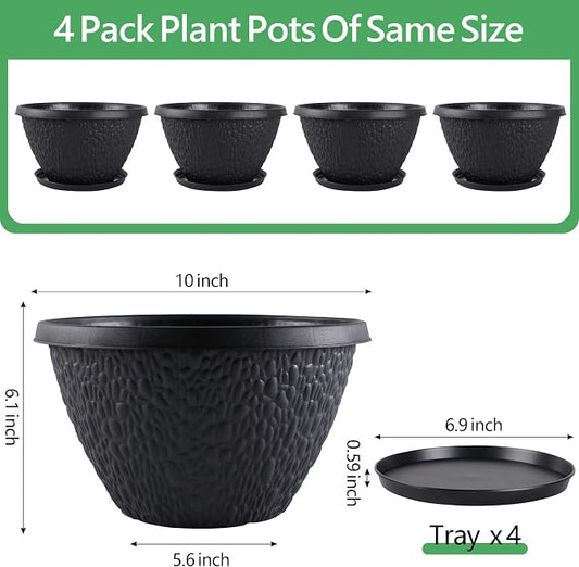Nooulap 4 Pack 10 inch Plant Pots for Outdoor Indoor, Durable Flower Pots with Drainage, Indoor Outdoor Planters for Herbs Flowers Small Trees (Black Pebbles Design)
