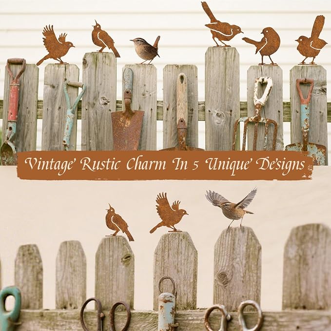 5PCS Rusty Bird Decor, Garden Sculptures and Yard Art, Yard Decorations Outdoor, Metal Bird Wall Decor, Fence Decorations Outdoor, Rustic Garden Decor, Outdoor Statues, Metal Birds Yard Decor