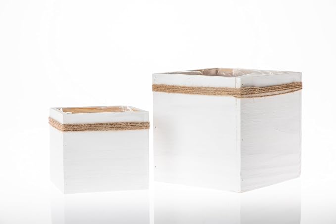 Jute Rope Wood Planter (7"x7") Whitewashed Wooden Boxes l Garden Centerpiece Display l Wedding Flowers Holder (Set of 2)