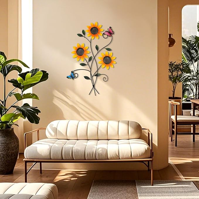 DETENE Metal Sunflower Wall Decor with Butterfly 3D Colorful Outdoor Wall Art Fence Decorations for Patio Metal Flowers Wall Hanging Ornament for Garden Porch Living Room Balcony Farmhouse