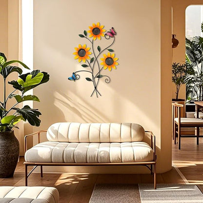 DETENE Metal Sunflower Wall Decor with Butterfly 3D Colorful Outdoor Wall Art Fence Decorations for Patio Metal Flowers Wall Hanging Ornament for Garden Porch Living Room Balcony Farmhouse