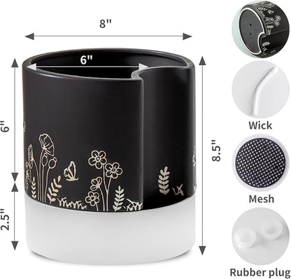 Nihow Self Watering Pots for Indoor Plants,8 Inch,Black Hand Painting | Ceramic Planter, Drainage Hole & Water Storage Plus, Cylinder Round Flower Pot, For Succulent/Herbs/Violets