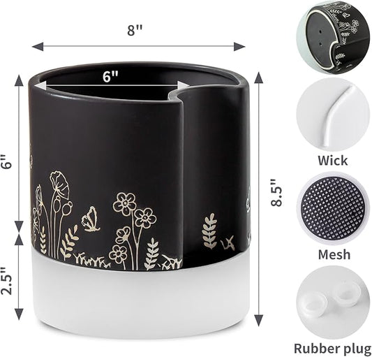 Nihow Self Watering Pots for Indoor Plants,8 Inch,Black Hand Painting | Ceramic Planter, Drainage Hole & Water Storage Plus, Cylinder Round Flower Pot, For Succulent/Herbs/Violets