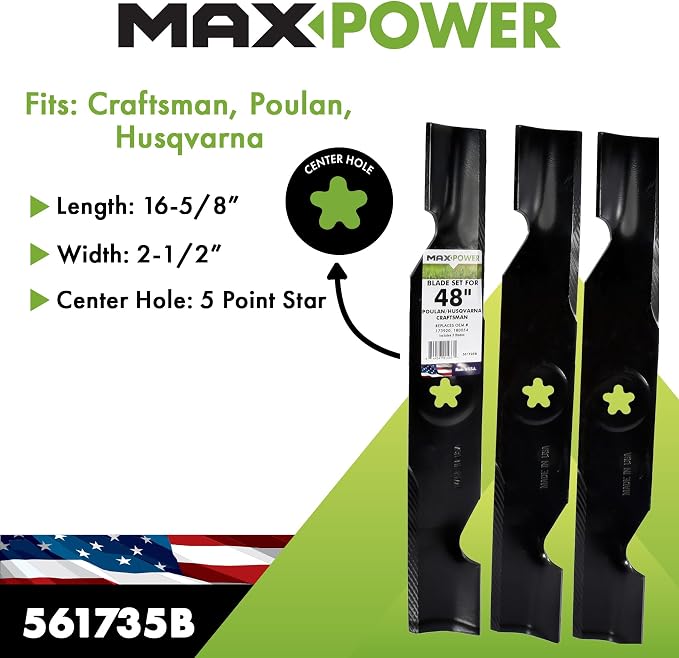 MaxPower 561735B USA MADE 3 Blade Set | For Many 48 in. Cut Craftsman, Husqvarna, Poulan Mowers Replaces OEM #'s 173920, 180054, 532180554, 575938201, PP24005