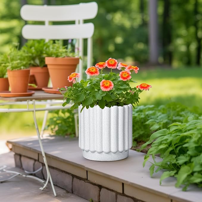 Ceramicfor Ceramic Plant Pot, 9.6 Inch, White | Drainage Hole, Round Flower Pot, Modern Fluted Design, Indoor & Outdoor Use
