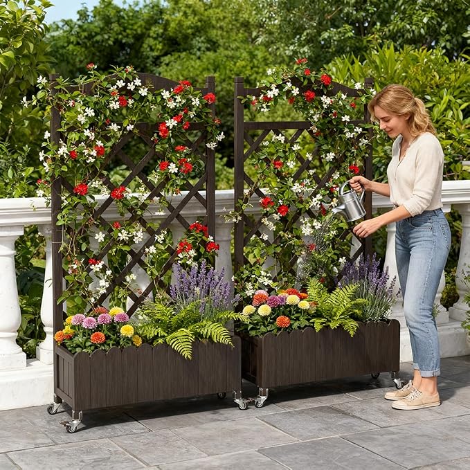 COMHOMA 2 Pack Planter Box with Trellis and Wheels, 48In Elevated Raised Garden Bed, Drainage Holes, Outdoor Lattice for Climbing Flowers, Vegetables, Patio Balcony, Brown