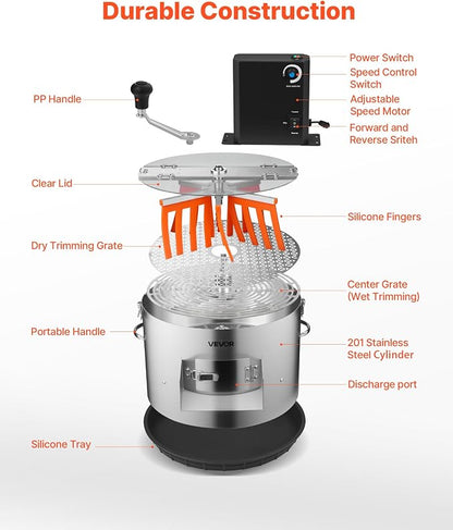 VEVOR Electric Bud Leaf Trimmer, 2-in-1 Manual & Electric, 16 in Bud Trimmer with Stainless Steel Blades, Visual Cutting, Wet & Dry Hydroponic Cutting Machine with Tray, for Plant Buds Flowers