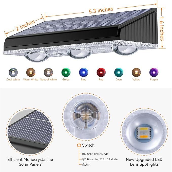 Solar Fence Lights Outdoor 10 Pack, Upgraded Brightness 3X LED Lens Fence Lights Solar Powered, 9 Fixed Colors & RGB Lights, IP65 Waterproof Solar Lights for Outside Backyard/Railing/Step/Patio