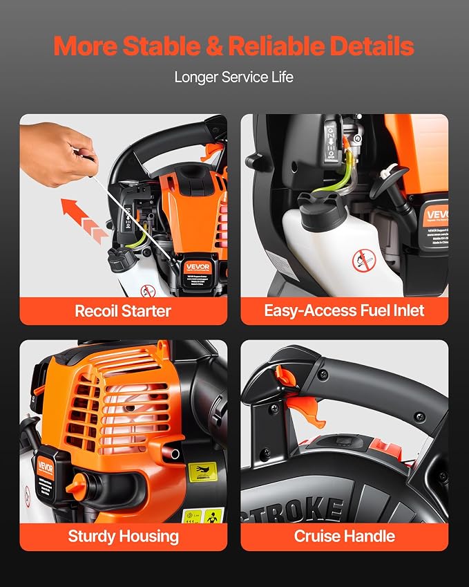 VEVOR Gas Leaf Blower, 25.4CC 4-Stroke Gas Powered Handheld Leaf Blower with 0.75L Fuel Tank, 340 CFM Air Volume, 130 MPH Air Speed, Ideal for Lawn Care, Leaves Cleaning, Yard Debris & Snow Removal | 0.75L Fuel Tank, 340 CFM Air Volume, 130 MPH Air Spe...