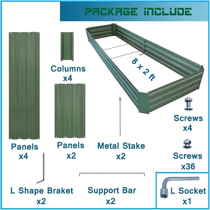 8x2x1ft Green Metal Raised Garden Bed Kit, Galvanized Outdoor Planter Box for Vegetables, Flowers, Herbs, and Succulents,120 Gallon Capacity