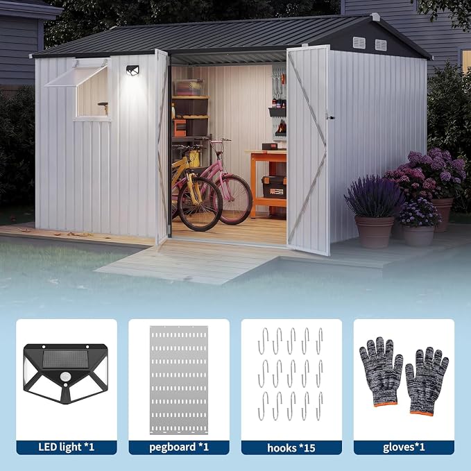 Garvee 10x8 FT Heavy-Duty Metal Outdoor Storage Shed with Solar Light | Motion Sensor Light, Window, Pegboard Tool Organizer, Lockable Doors, 4 Air Vents for Garden Patio Backyard Garage