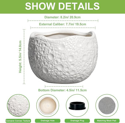 Ceramic Plant Pot - 8 Inch Round Planter with Drainage Hole, Decorative Plant Pots for Indoor Outdoor Plants, Modern Unique Flower Pots, House Living Room Decor, Housewarming Gifts, White