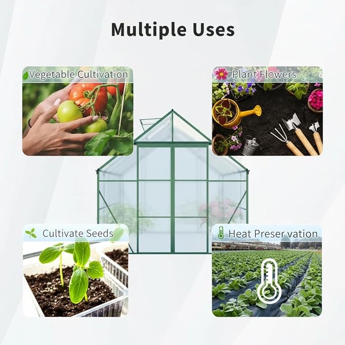 8x10 FT Greenhouse, Walk-in Polycarbonate Greenhouses with Double Sliding Doors, Aluminum Frame, Adjustable Roof Vent, Raised Base & Anchor, Outdoor Backyard Greenhouse for All Seasons, Green