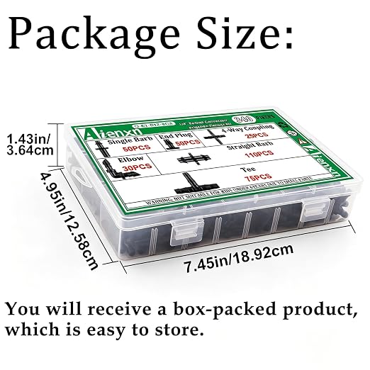 340PCS 1/4" Drip Irrigation Kit Barbed Connectors, Straight Barb, Tee, Single Barb, End Plug, Elbow, 4 Way Coupling Irrigation Fittings for Garden Lawn Flower Pot