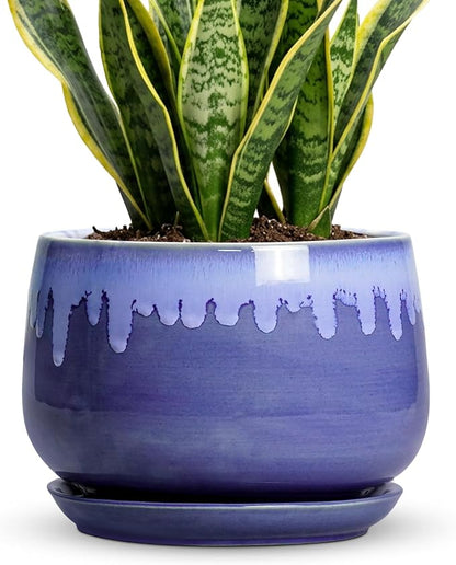 Ceramic Planter for Plants- 9 Inch Plant Pots Indoor with Drainage and Saucer, Decorative Planters, Durable Round Indoor Flower Pot, Garden Room Decor, Plant Gifts for Women Men, Blue