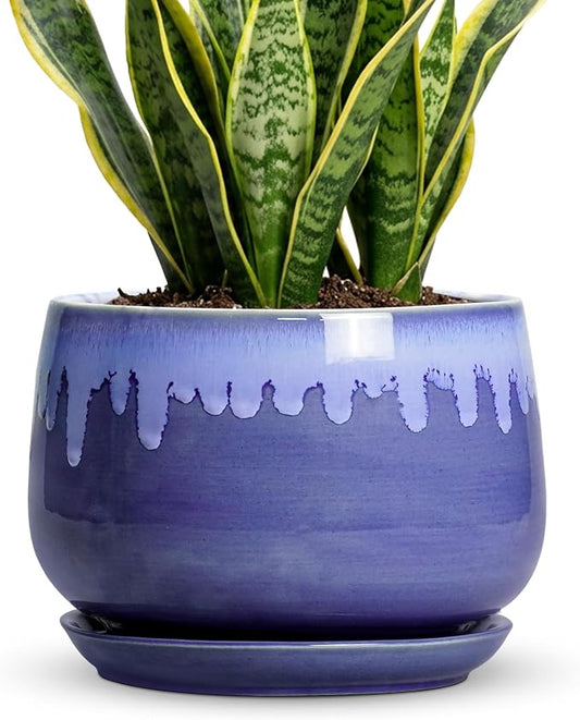 Ceramic Planter for Plants- 9 Inch Plant Pots Indoor with Drainage and Saucer, Decorative Planters, Durable Round Indoor Flower Pot, Garden Room Decor, Plant Gifts for Women Men, Blue