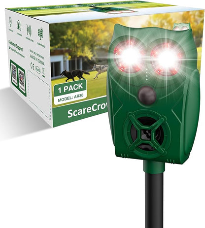 Solar Ultrasonic Animal Repeller with Motion Sensor, Deer Repellent Devices with LED Light, Waterproof Cat Repellent Outdoor, Dog Deterrent for Yard Garden to Repel Raccoon, Squirrel, Fox