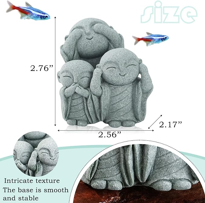 Mini Zen Monk Praying Statue Small Buddha Jizo Figurine Sandstone Feng Shui Sculpture Ornament for Fish Tank Decor Home Garden Good Luck Decoration - No Evil
