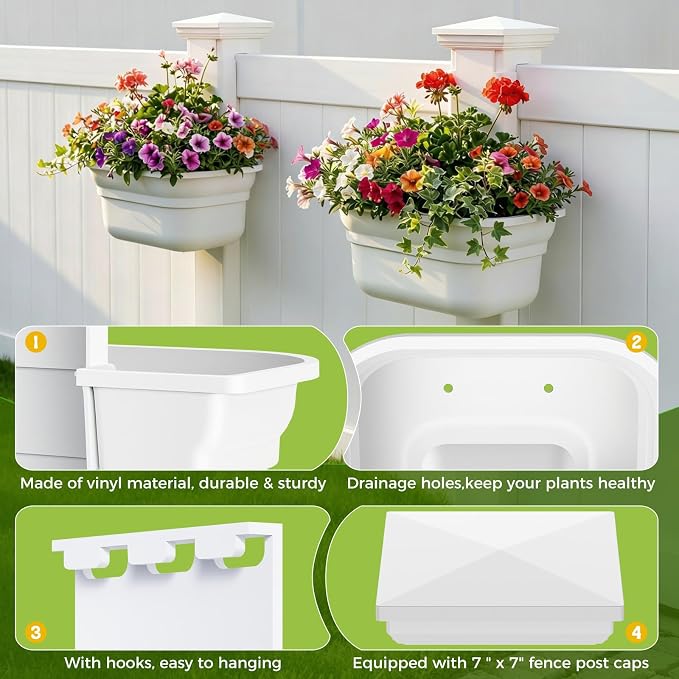 Hanging Planters for Outdoor Plants - Fence Hanging Planters for PVC Fence, Plant Hangers Hanging Plant Flower Pots White with Post Caps for Garden Yard Decor, Easy Install - 4 Pack