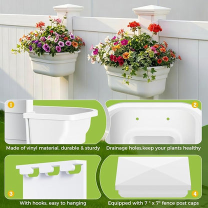 Hanging Planters for Outdoor Plants - Fence Hanging Planters for PVC Fence, Plant Hangers Hanging Plant Flower Pots White with Post Caps for Garden Yard Decor, Easy Install - 4 Pack