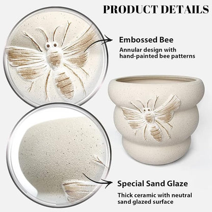 Terracotta Pots with Drainage Holes Bee Decor, Ceramic Pots for Indoor Plants Flower Pots Outdoor, Succulent, Herbs, Snake Plants (Beige, 8+6 Inch)