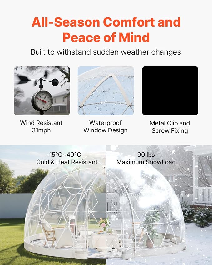 VEVOR Garden Dome Tent, 15 x 9.5 ft Clear Bubble Tent House for 12-14 Person, Waterproof PVC Geodesic Dome Greenhouse with Ventilated Window, Outdoor Igloo Tents for Patio Backyard Party Camping