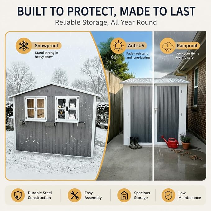 6x9 FT Outdoor Storage Shed with 2 Clear Openable Windows,Waterproof Metal Building Backyard Shed w/Windowsill & Garden Bed Flower Rack,Lockable Double Doors Tool Shed,Waterproof,for Yard,Gray