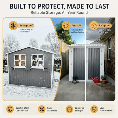6x9 FT Outdoor Storage Shed with 2 Clear Openable Windows,Waterproof Metal Building Backyard Shed w/Windowsill & Garden Bed Flower Rack,Lockable Double Doors Tool Shed,Waterproof,for Yard,Gray