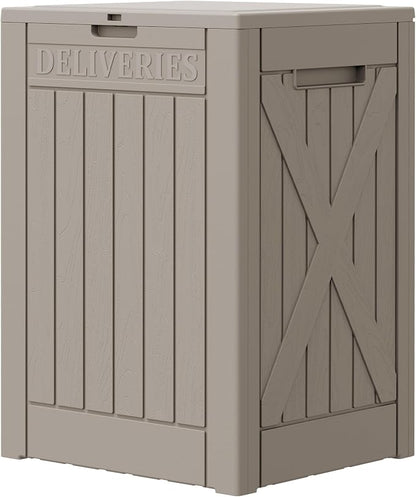 Greesum 52 Gallon Large Outdoor Package Delivery Box for Porch, Lockable Secure Double-Wall Resin Storage Box, Waterproof Deck Box for Package Protection, Light Coffee