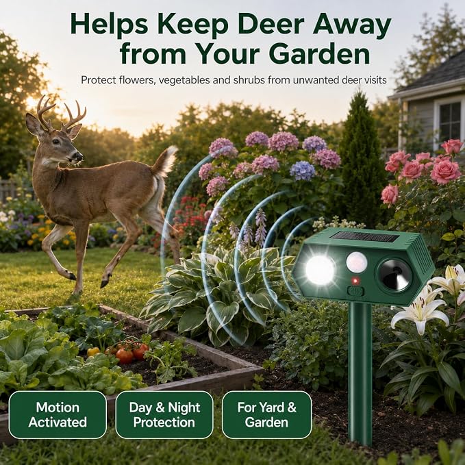 2026 Sonic Fortress Pro Deer Repellent Device,4Pack Solar Ultrasonic Animal Repellent with Motion Sensor&Flash Light for Squirrel Raccoon Rabbit Repellent for Flower Bed,Plants,Vegetables Yard(4 Pack)