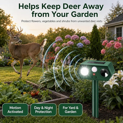 2026 Sonic Fortress Pro Deer Repellent Device,4Pack Solar Ultrasonic Animal Repellent with Motion Sensor&Flash Light for Squirrel Raccoon Rabbit Repellent for Flower Bed,Plants,Vegetables Yard(4 Pack)